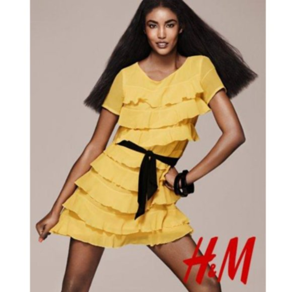 H&M Mini Dress Ruffled Tiered Yellow Size 6 Lined Short Sleeve Round Neck Polyes